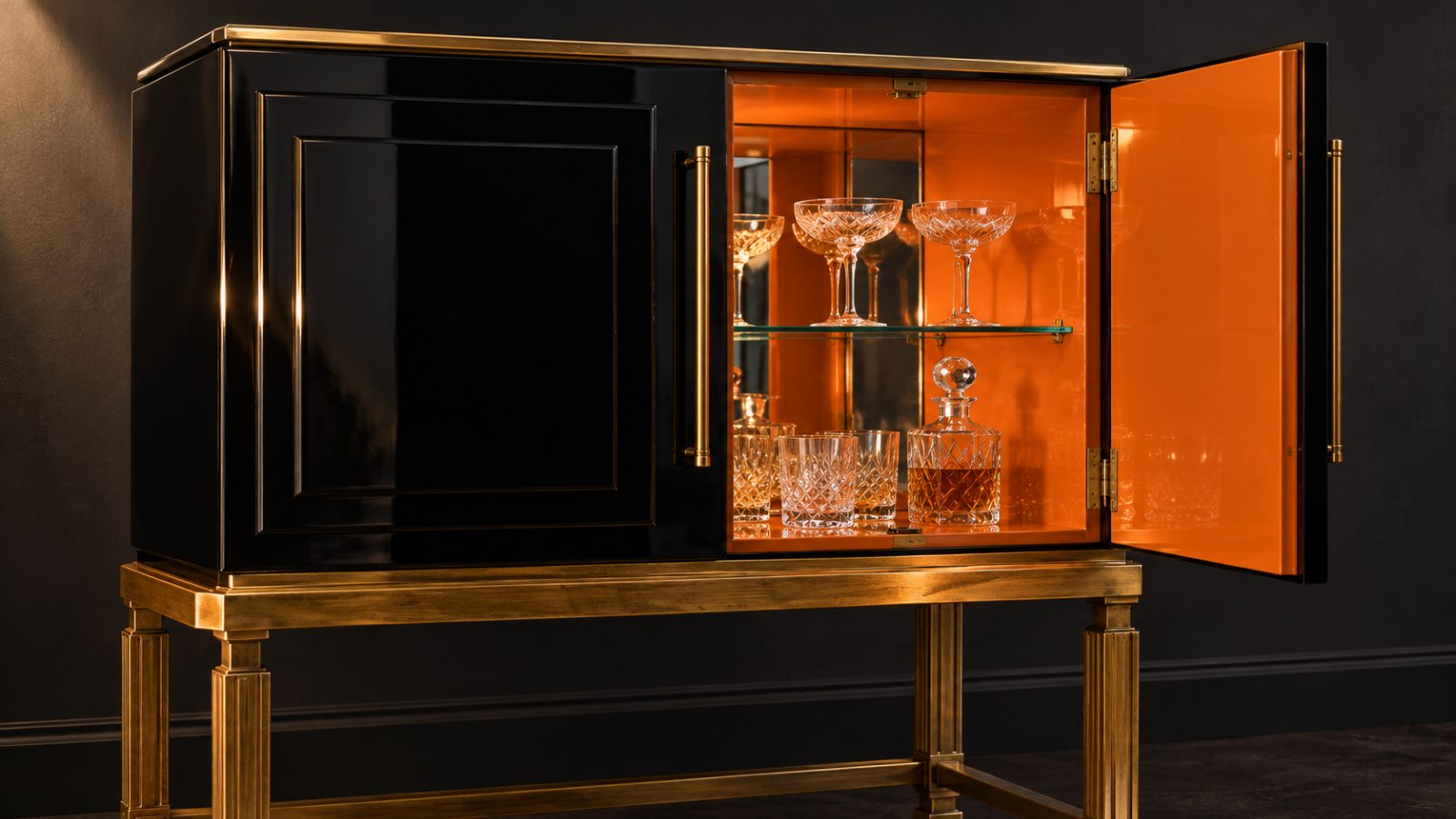 Schwarzer Art-déco-Barschrank in Hochglanz, geöffnet mit orangefarbenem Innenleben und Spiegel