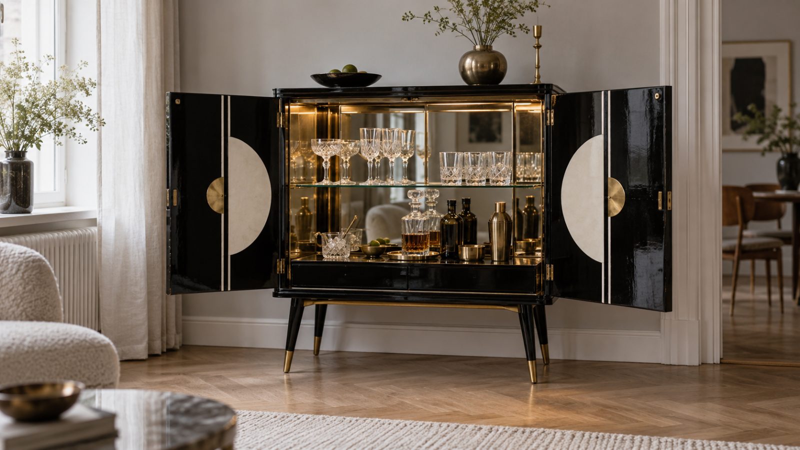 Restaurierter Barschrank im Swedish-Modern-Stil, schwarz mit Messing, geöffnet in einem modernen Wohnzimmer