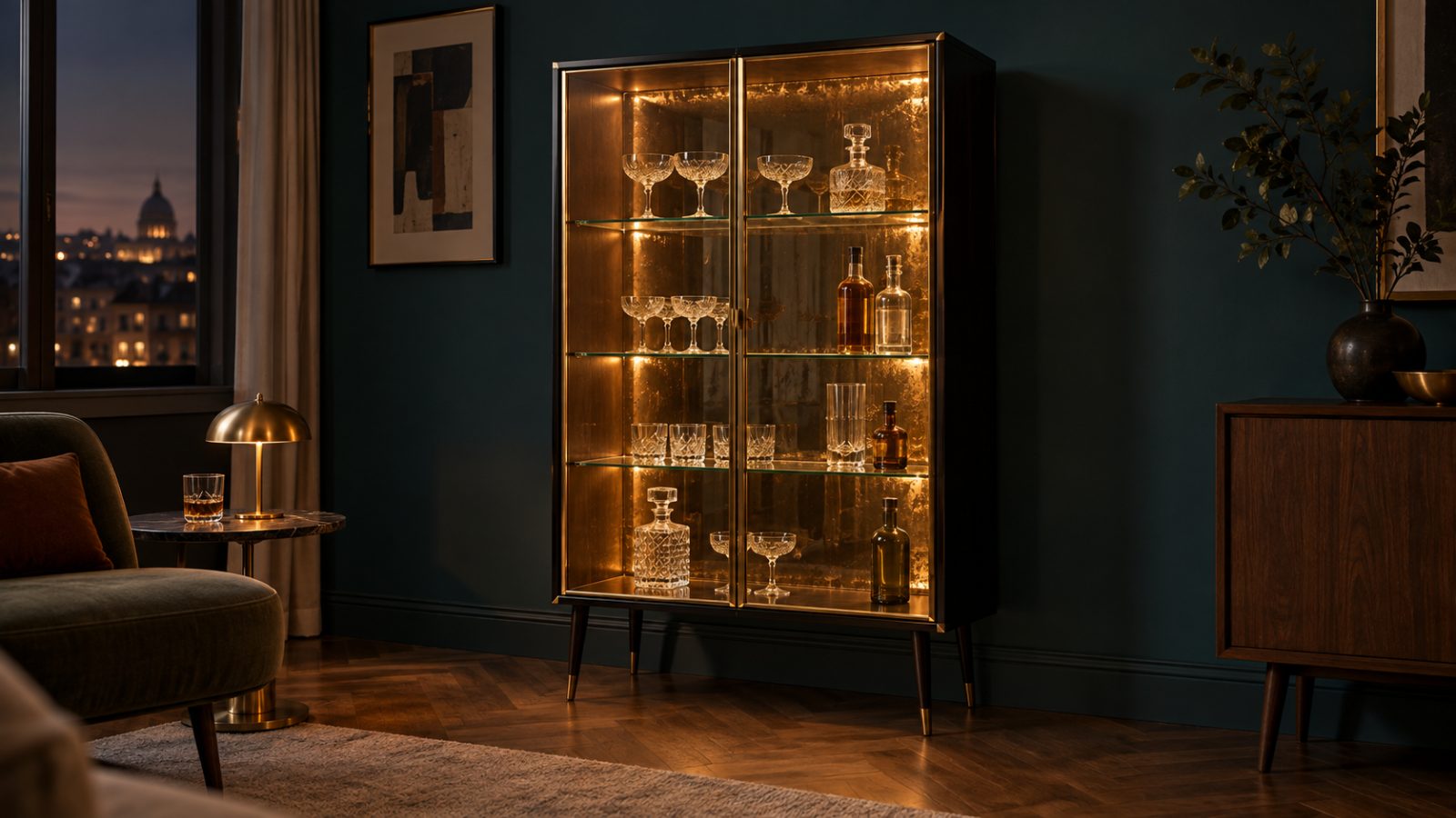Barschrank mit Vitrine: Glastüren in Messingrahmen, warm beleuchtetes Inneres mit Kristallgläsern