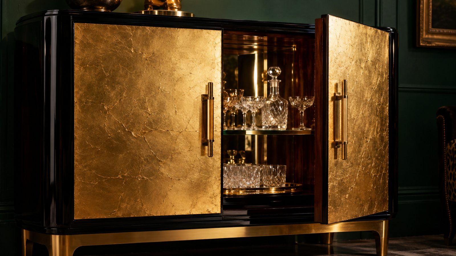 Luxus-Barschrank der 1940er: schwarzer Hochglanzlack, Fronten mit Blattgold, Messinggriffe