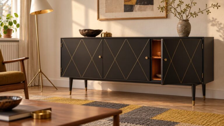 Schwedisches Mid-Century-Sideboard der 1960er in schwarzem Lack mit Goldrauten auf konischen Beinen