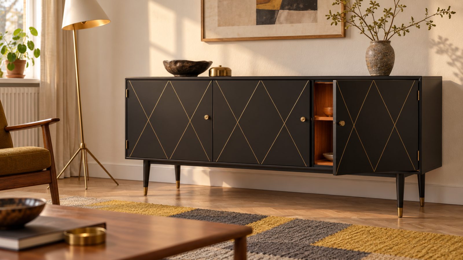 Schwedisches Mid-Century-Sideboard der 1960er in schwarzem Lack mit Goldrauten auf konischen Beinen