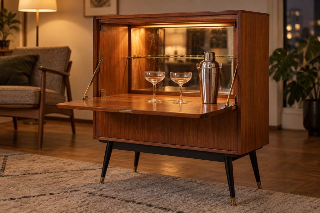 Retro-Barschrank der 1950er mit heruntergeklappter Front als Mixfläche, Teak und schwarzer Lack