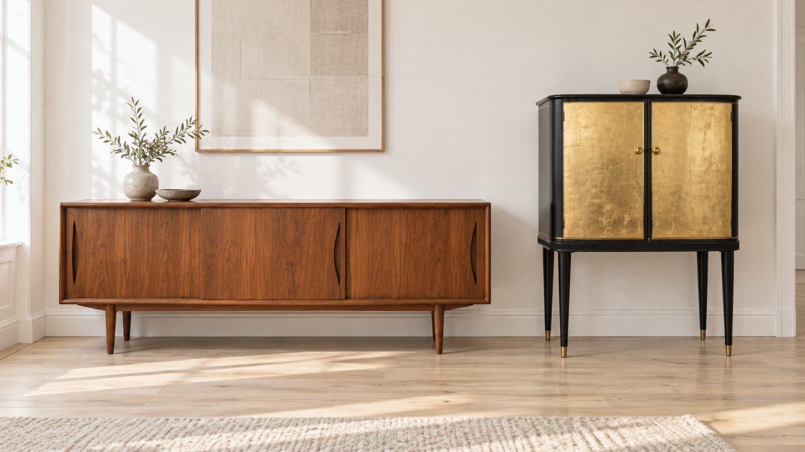 Vergleich: dänisches Teak-Sideboard der 1960er neben schwedischem Schrank der 1940er in schwarzem Lack mit Blattgold