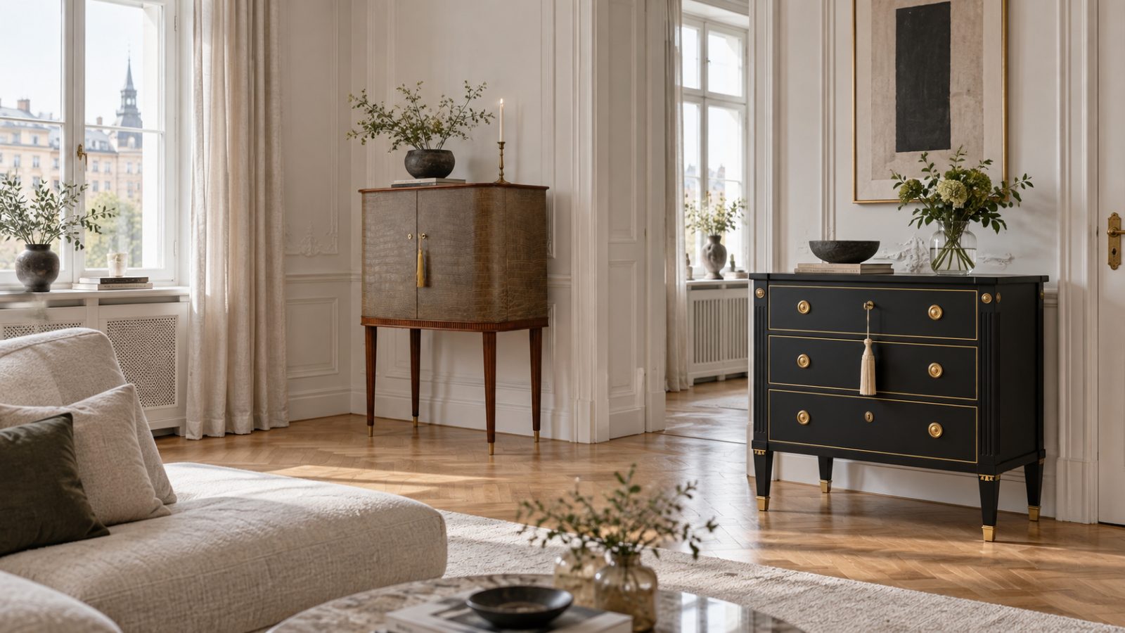 Skandinavische Vintage-Möbel in einer Stockholmer Altbauwohnung: Swedish-Grace-Barschrank in Krokoleder und schwarze gustavianische Kommode