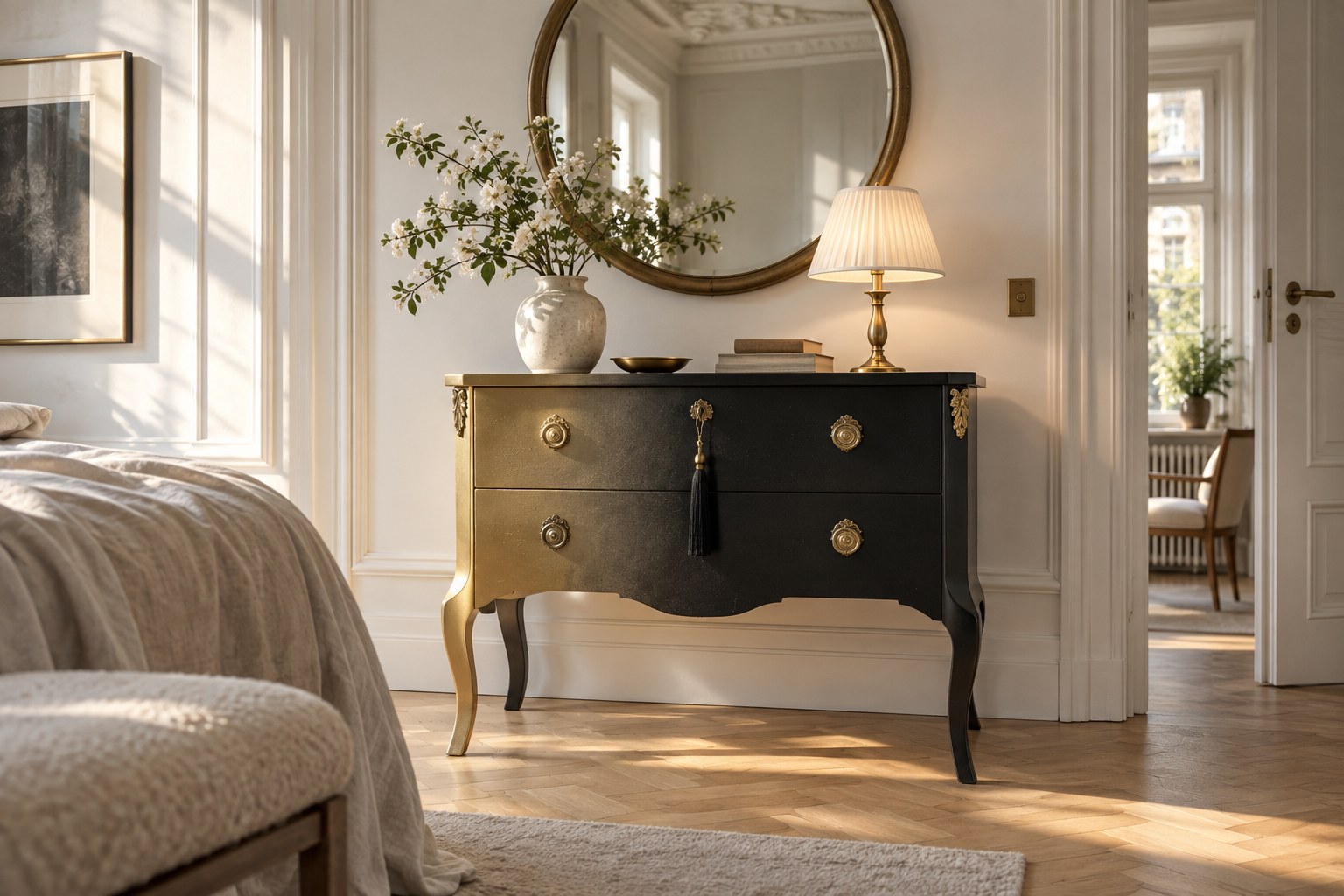 Schwarze Kommode mit Goldbeschlägen im Altbau-Schlafzimmer