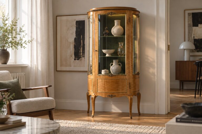 Vitrine Holz – restauriertes Möbelstück im Wohnraum