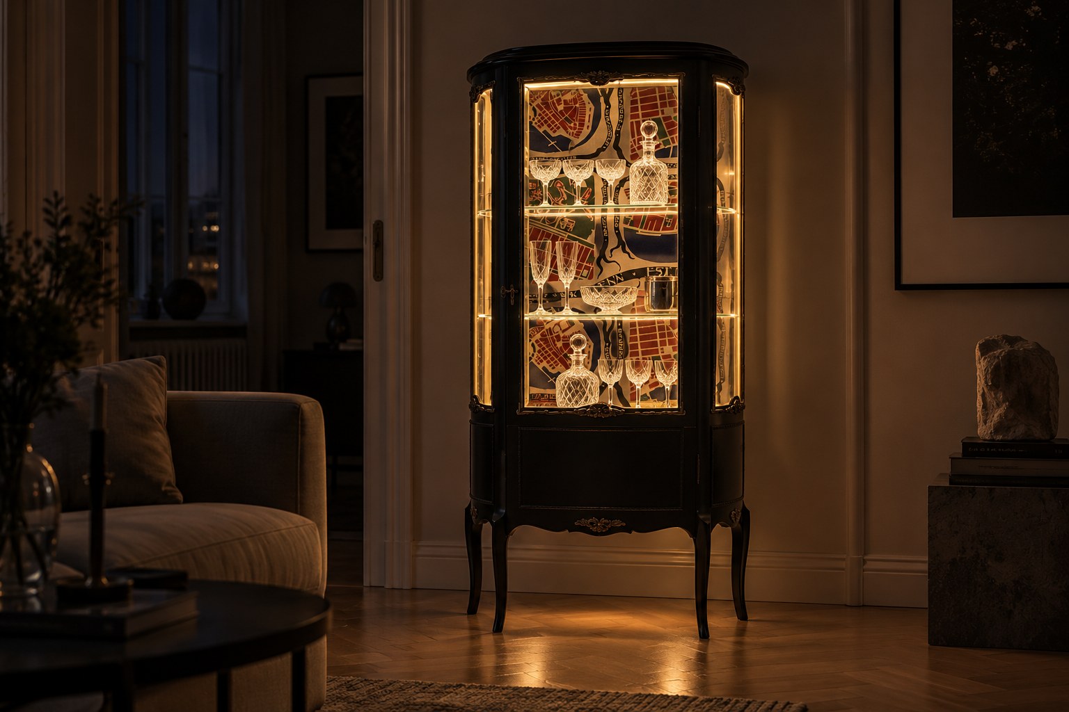 Vitrine mit Beleuchtung – restauriertes Möbelstück im Wohnraum