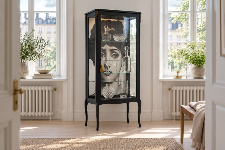 Vitrine schmal – restauriertes Möbelstück im Wohnraum
