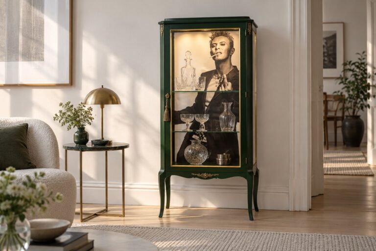 Vitrine weiß, grün, grau oder beige – restauriertes Möbelstück im Wohnraum